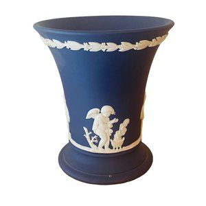 Wedgwood Dark Blue Jasperware Vase 1960s  English Neoclassical Angel 4 In Rare